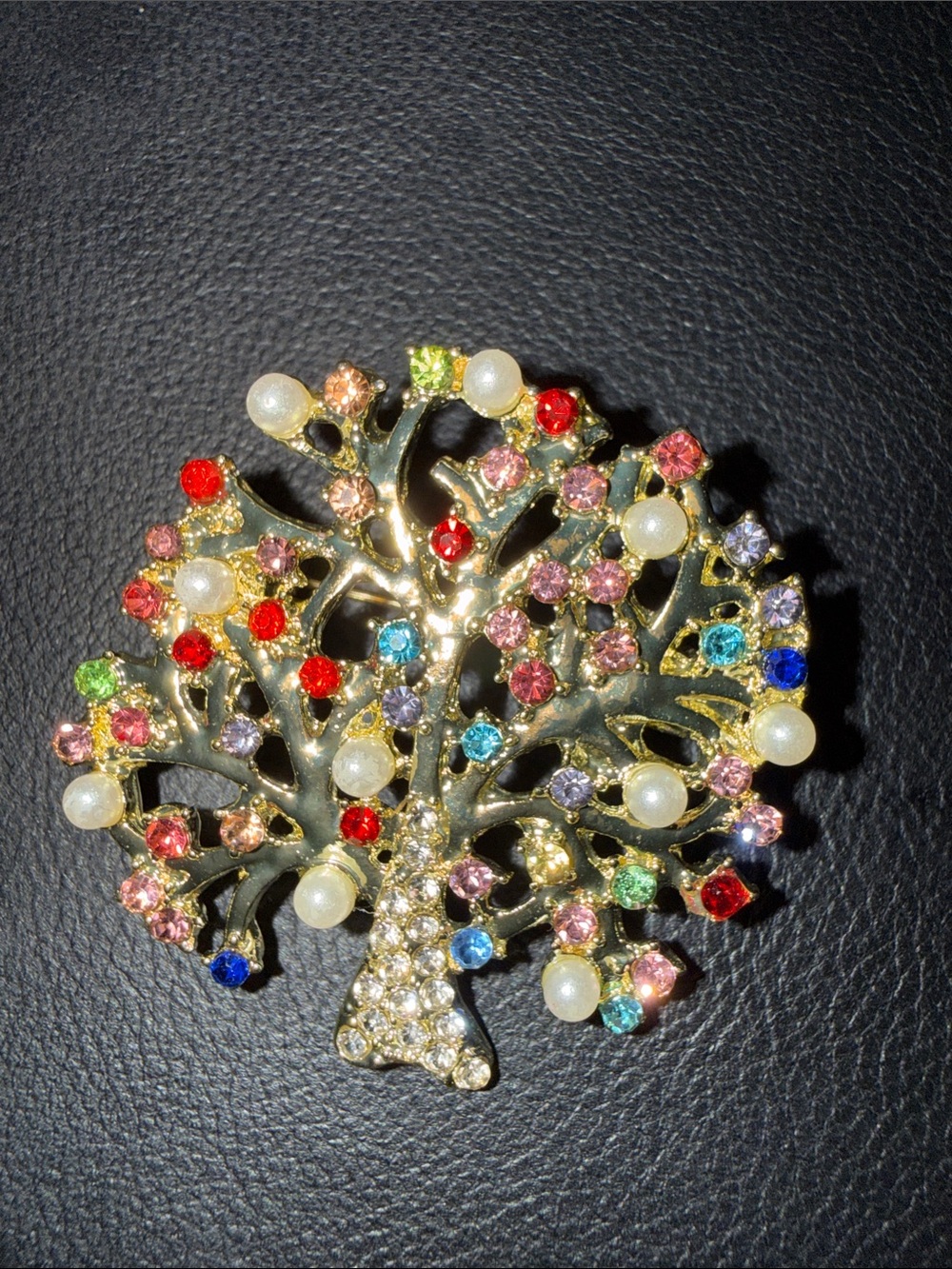 Gold-Tone Multicolor Tree of Life Brooch with Pearls